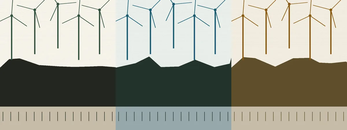 Three-panel illustration of a turbine ridgeline motif repeated in pine, Niagara blue, and hay hues